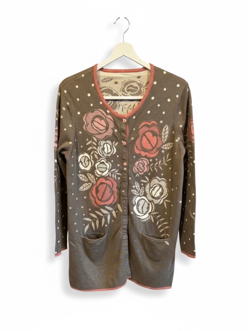 GUDRUN SJODEN women’s floral grey and pink long cardigan duster pink buttons M
